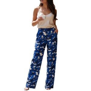 The Kooples 100% Silk Floral Wide Leg Trousers US 2 NWT Luxe Blue Print Pants